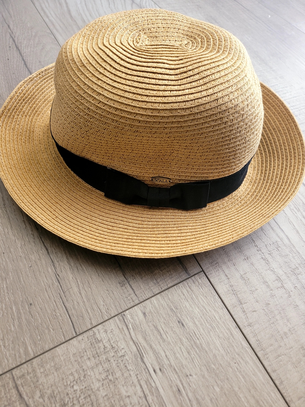 Scala Women's Tan Straw Fedora with Black Bow
